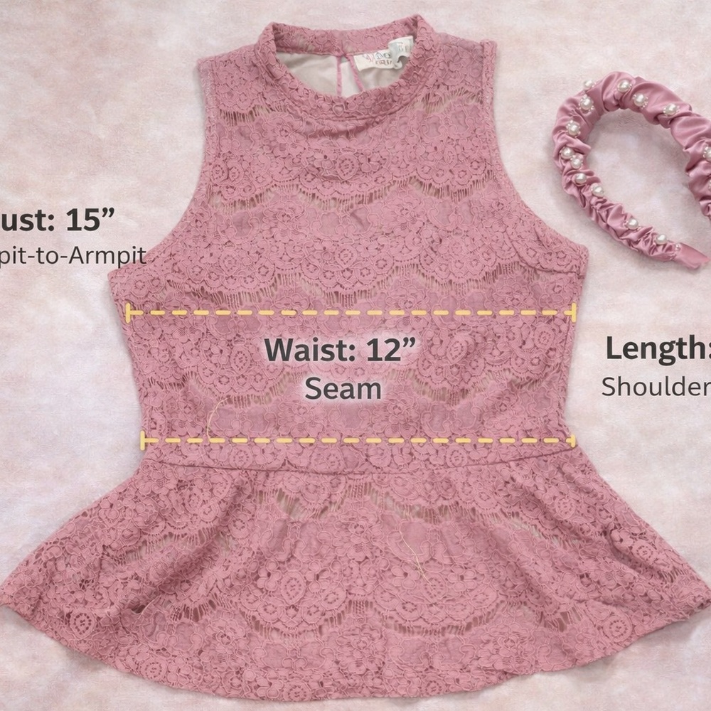 Love, Fire Mauve Lace Peplum Top + Scrunchie Pearl Satin Headband | Size S (Fits